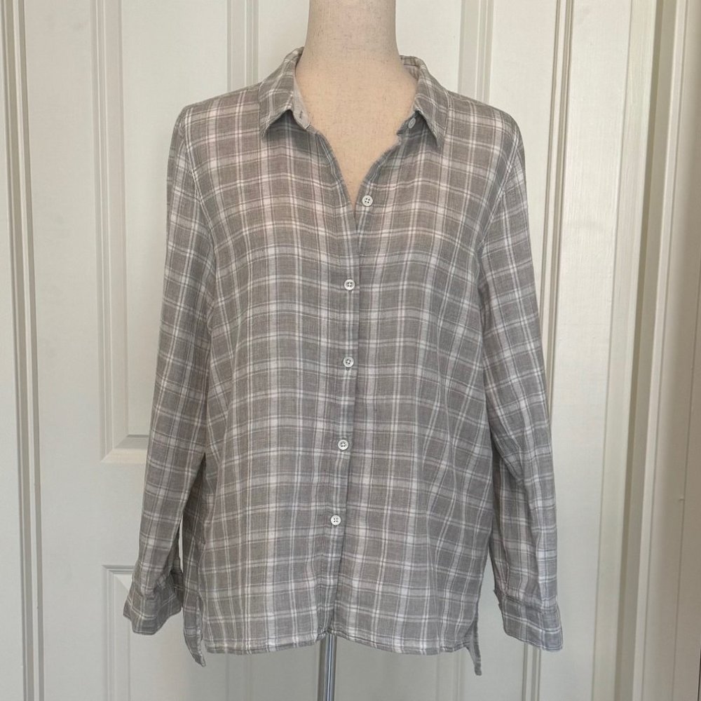 J Jill Button down cotton gray and white plaid long sleeve top medium - Picture 2 of 6
